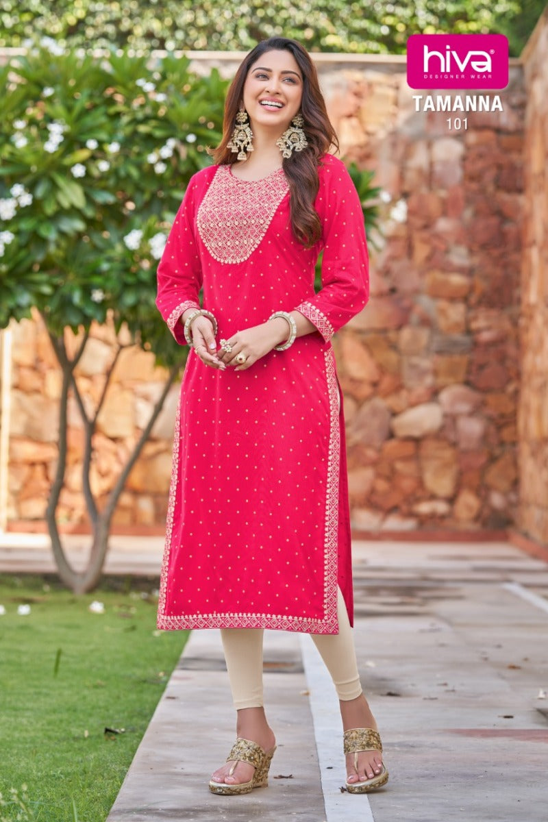 Hiva Designer Tamanna Launched Rayon Printed Stylish Party Wear Kurtis