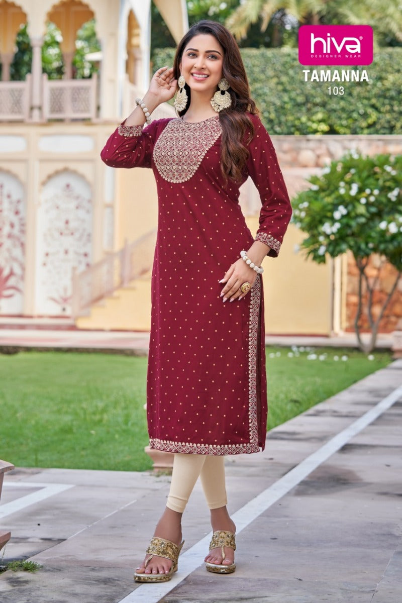 Hiva Designer Tamanna Launched Rayon Printed Stylish Party Wear Kurtis