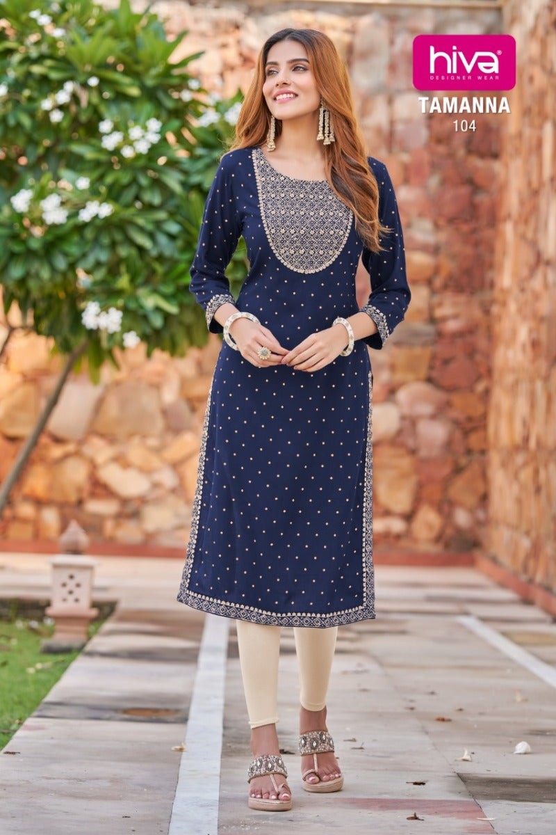 Hiva Designer Tamanna Launched Rayon Printed Stylish Party Wear Kurtis