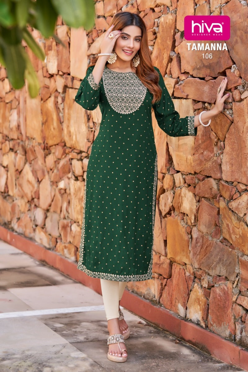 Hiva Designer Tamanna Launched Rayon Printed Stylish Party Wear Kurtis