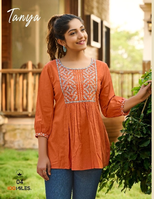 100 Miles Tanya Cotton Embroidered Fancy Top Style Short Kurtis
