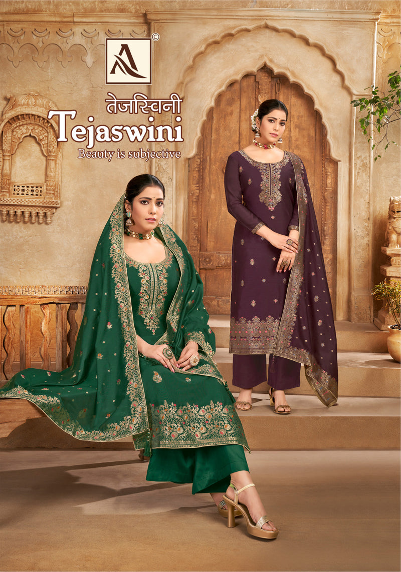 Alok Suits Tejswini Hand Weave Jacquard Designer Swarovski Diamond Work Fancy Designer Partywear Salwar Suit