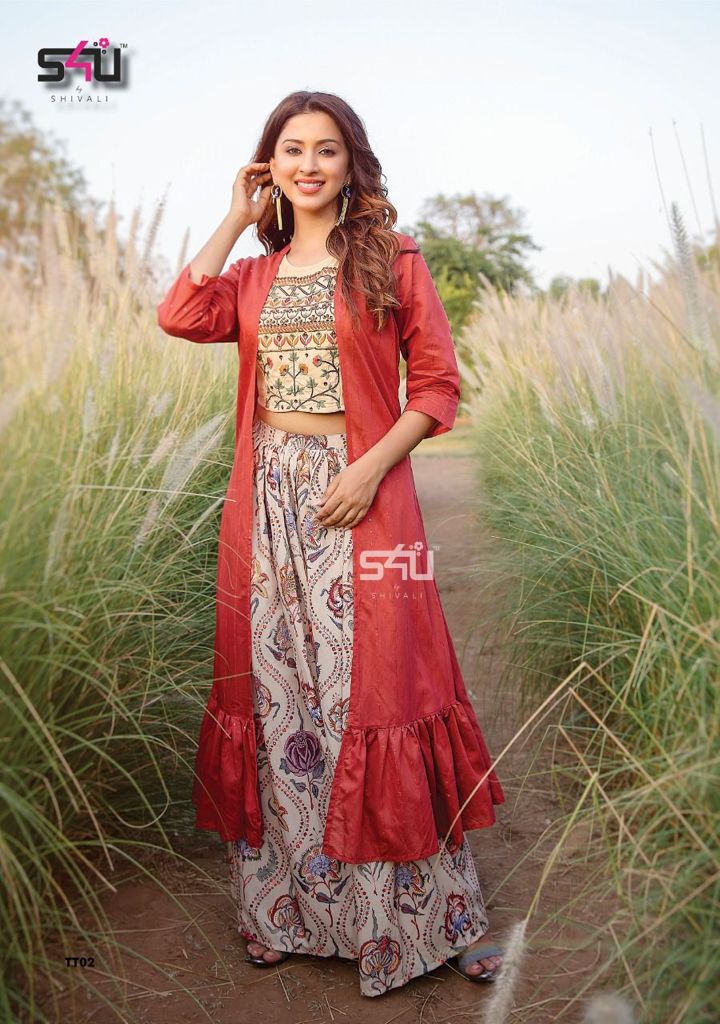 S4u Shivali Titlee Muslin Fancy Party Wear  Kurtis With Crop Top Style , Skirt & Jacket