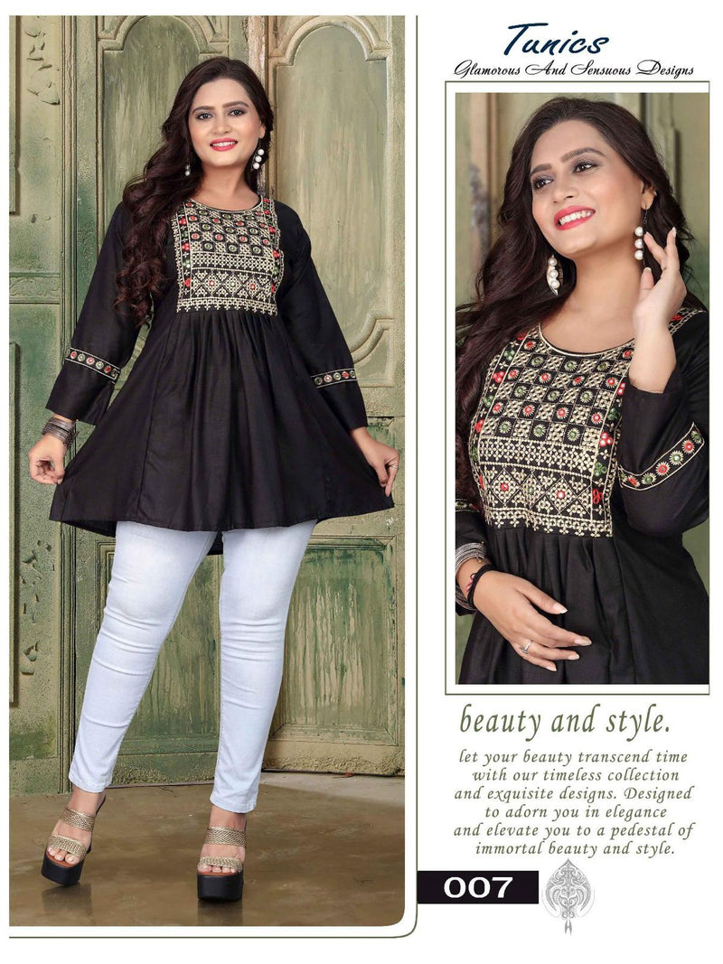 Aagya Tunics Vol 2 Rayon Slub Fancy Embroidered Short Kurtis