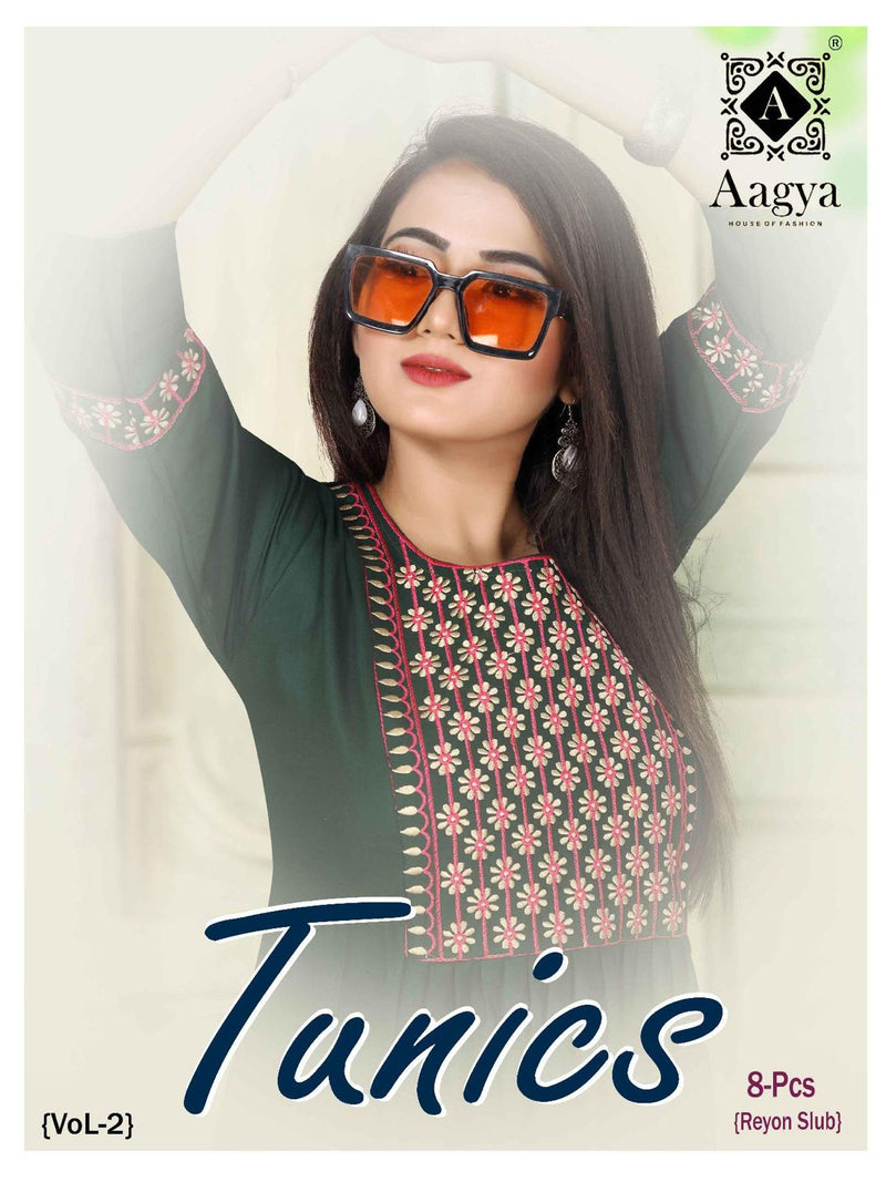 Aagya Tunics Vol 2 Rayon Slub Fancy Embroidered Short Kurtis