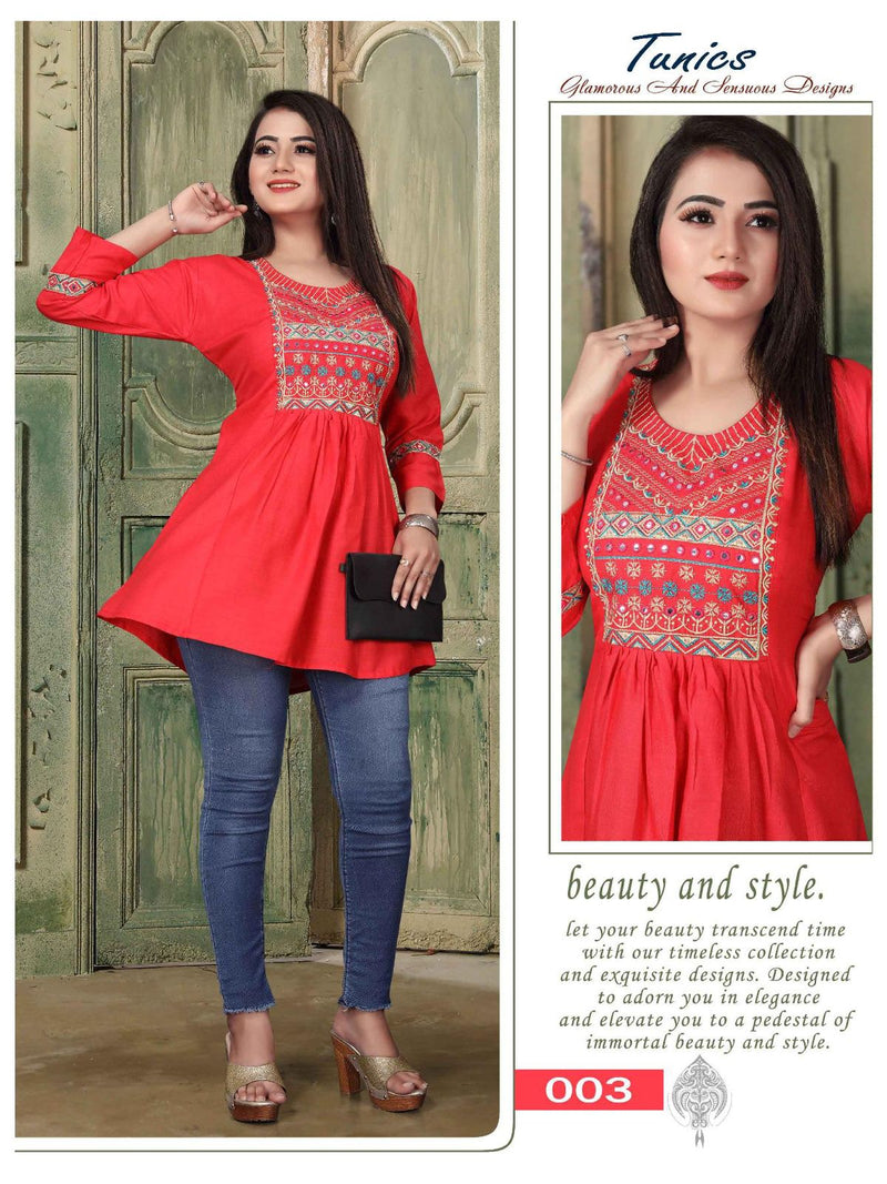 Aagya Tunics Vol 2 Rayon Slub Fancy Embroidered Short Kurtis