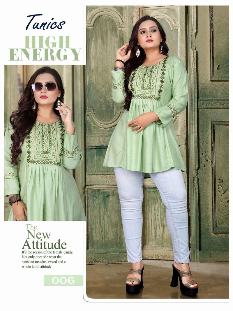 Aagya Tunics Vol 2 Rayon Slub Fancy Embroidered Short Kurtis