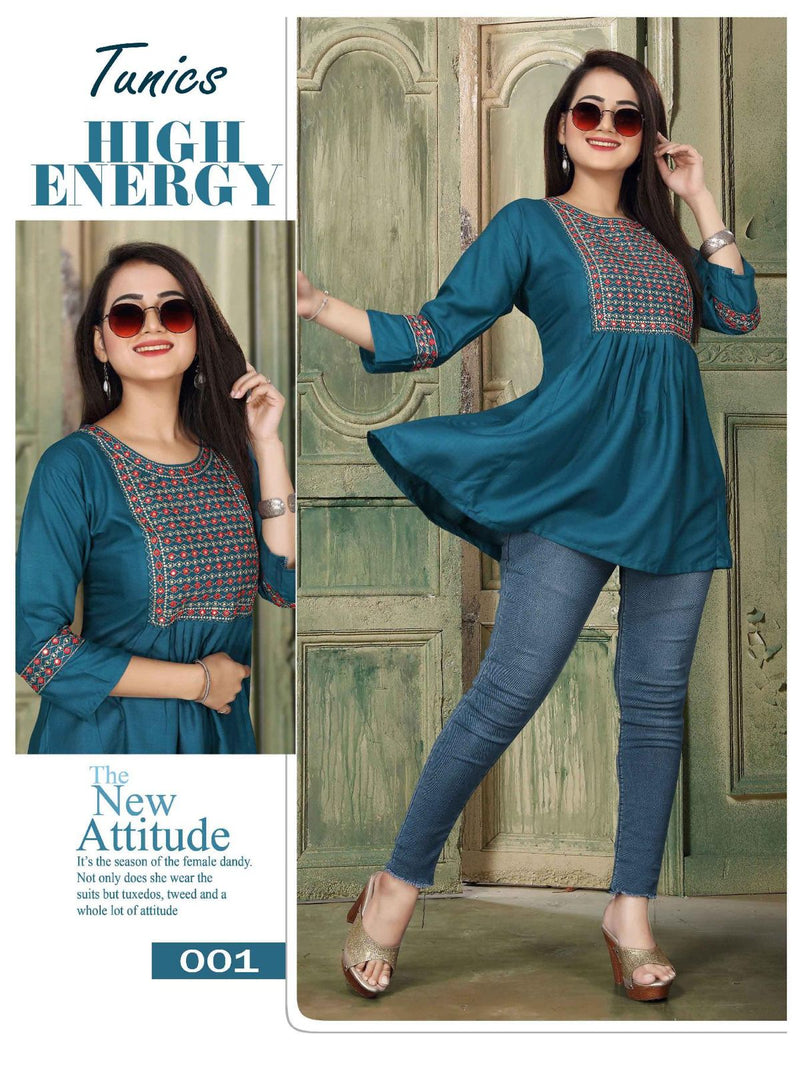 Aagya Tunics Vol 2 Rayon Slub Fancy Embroidered Short Kurtis