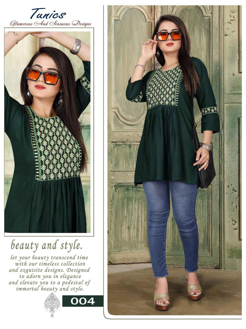 Aagya Tunics Vol 2 Rayon Slub Fancy Embroidered Short Kurtis