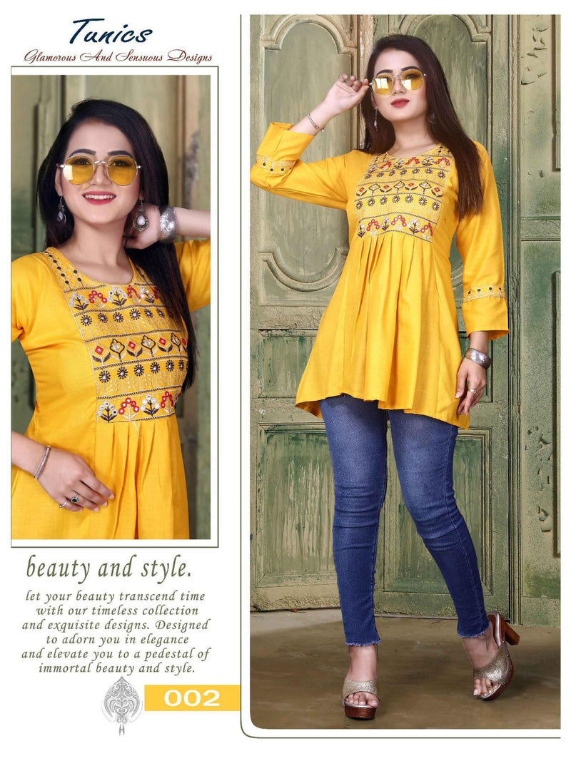 Aagya Tunics Vol 2 Rayon Slub Fancy Embroidered Short Kurtis