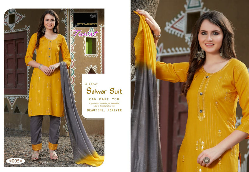 Manjeera Fashion Twist Rayon Golden Linning Print Fancy Festive Wear Kurtis With Bottom & Dupatta