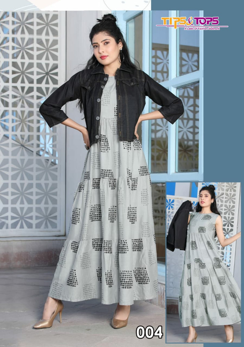 Tips And Tops Launch Mantra Vol 3 Rayon Slub Exclusive Printed Designer Long Gown Type Kurti With Jacket