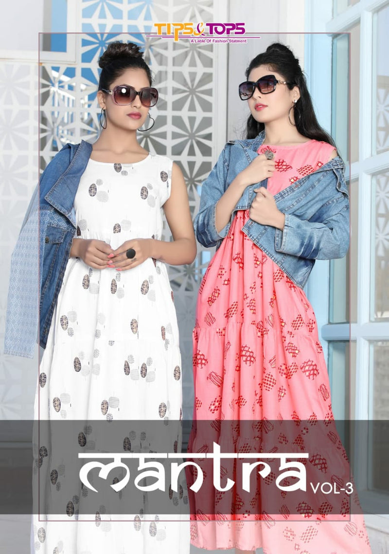 Tips And Tops Launch Mantra Vol 3 Rayon Slub Exclusive Printed Designer Long Gown Type Kurti With Jacket