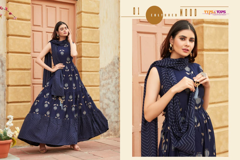 Tips And Tops Launch Mimi Rayon Slub Print With Long Gown Type Printed Exclusive Kurti With Dupatta