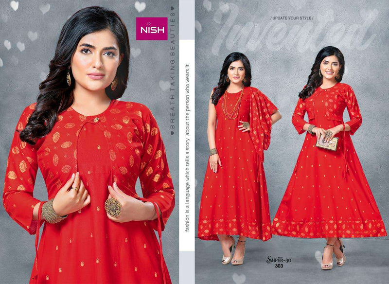 Trendy Presents By Super 30 Vol 3 Rayon Printed Design Frill Type Fancy Long Casual Wear Kurtis