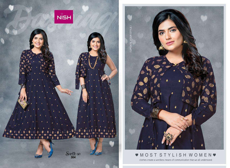 Trendy Presents By Super 30 Vol 3 Rayon Printed Design Frill Type Fancy Long Casual Wear Kurtis