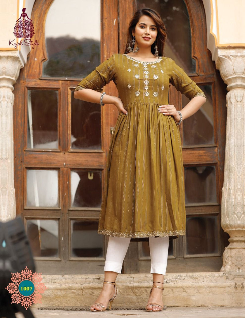 Women Indian Yellow Color Frock Style Kurti With White Pant Readymade  Designer Heavy Embroidery Work On Kurti