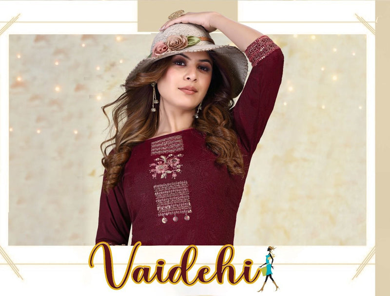 MF Vaidehi Vol 1 Rayon Embroidered Fancy Festive Wear Kurtis
