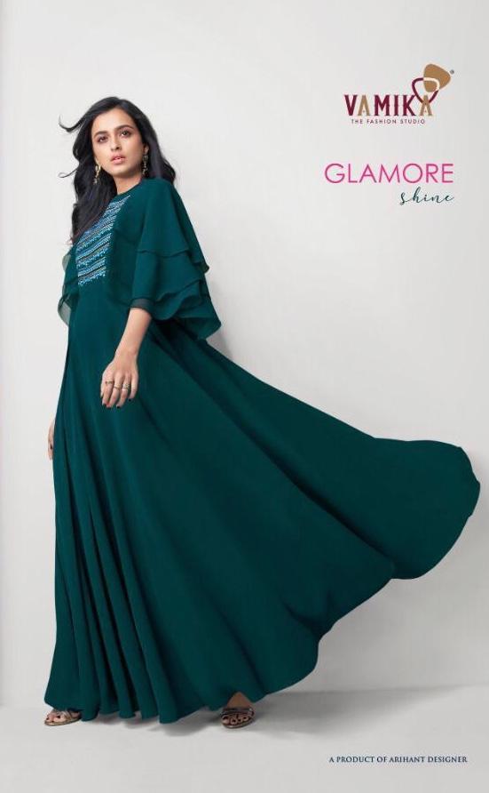Vamika Glamore Shine Fabric Long Gown Style Kurti In Georgette