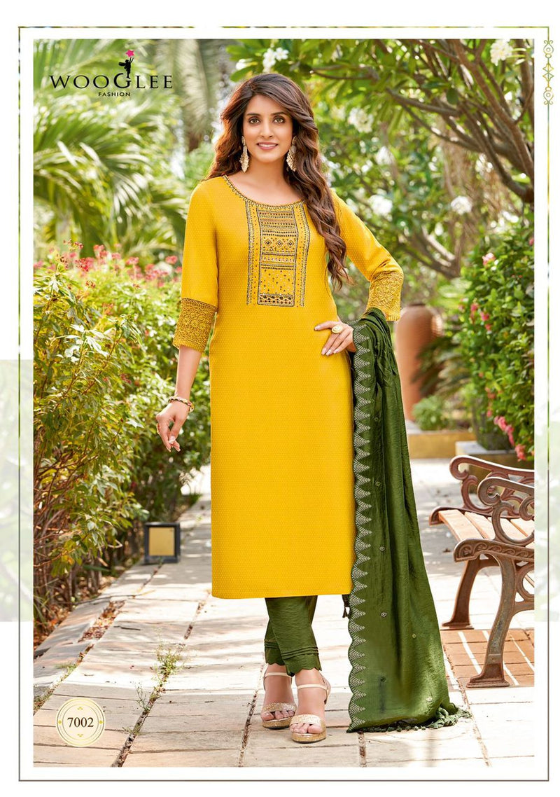 Wooglee Varnee Dno 7001 to 7006 Rayon With Heavy Hand work Stylish Designer Party wear Kurti