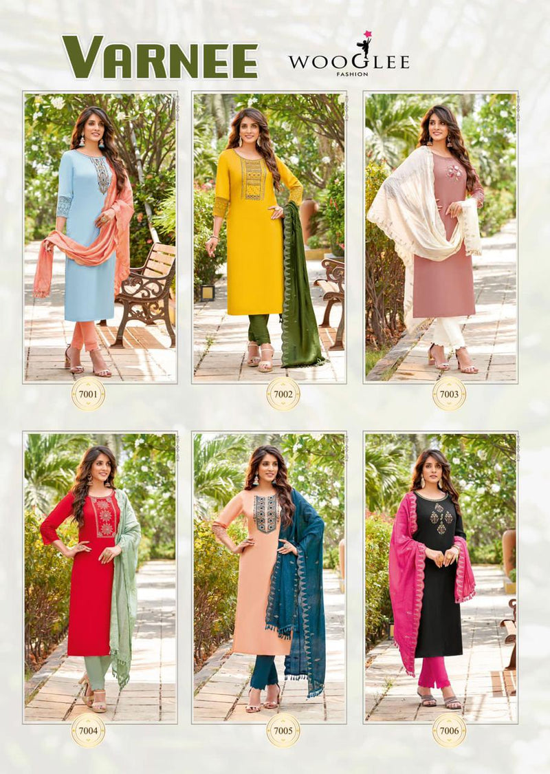 Wooglee Varnee Dno 7001 to 7006 Rayon With Heavy Hand work Stylish Designer Party wear Kurti