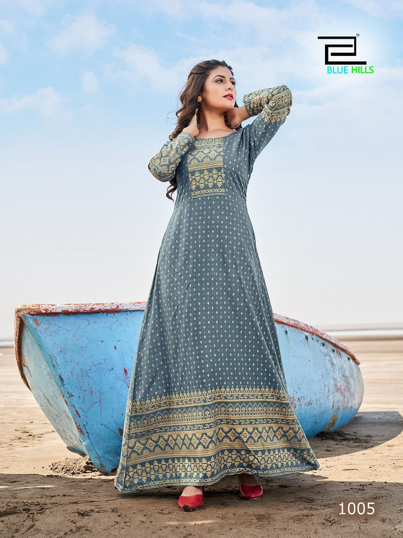 Blue Hills Velocity Rayon With Printed Work Stylish Designer Beautiful Fancy Long Kurti