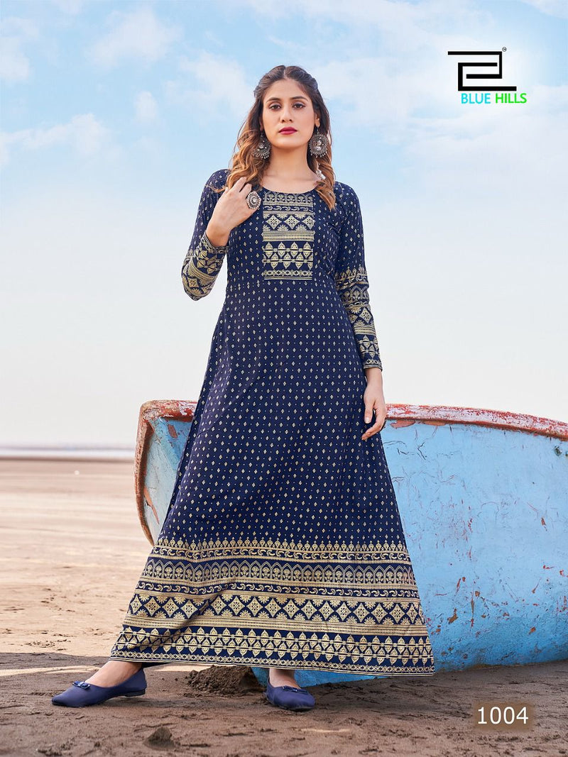 Blue Hills Velocity Rayon With Printed Work Stylish Designer Beautiful Fancy Long Kurti