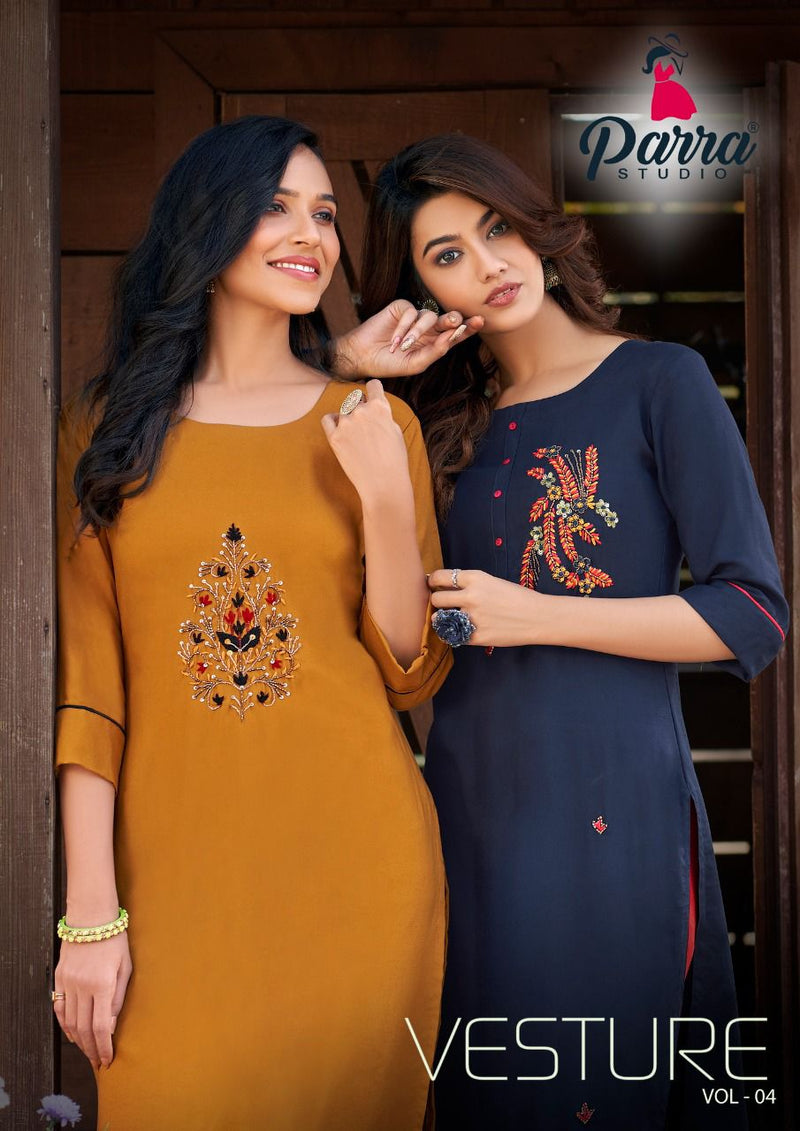 Parra Studio Vesture Vol 4 Rayon With Khatli Work Designer Party Wear Kurtis