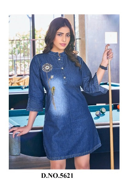 Yami Fashion Vibes Denim Fancy Stylish Tunic Tops Western Wear  With Machine Embroidery Work