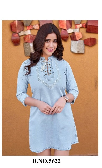 Yami Fashion Vibes Denim Fancy Stylish Tunic Tops Western Wear  With Machine Embroidery Work