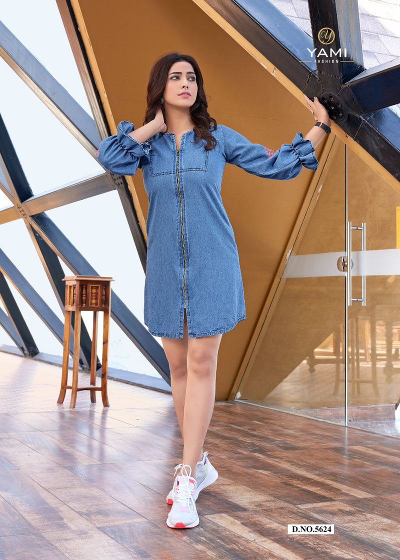 Yami Fashion Vibes Denim Fancy Stylish Tunic Tops Western Wear  With Machine Embroidery Work