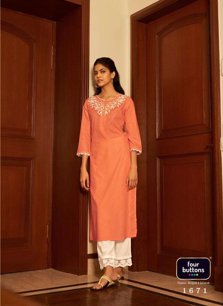 Four Buttons Vibrant Vol 2 Cotton Casual Look Kurtis With Bottom & Lakhnavi Embroidery