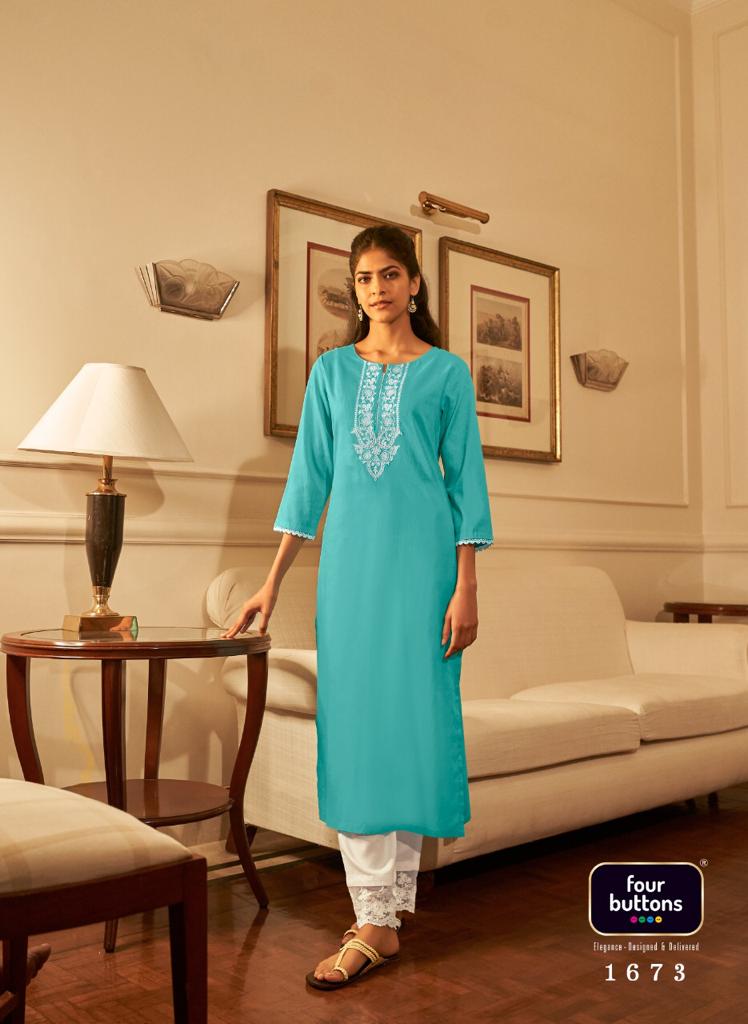 Four Buttons Vibrant Vol 2 Cotton Casual Look Kurtis With Bottom & Lakhnavi Embroidery