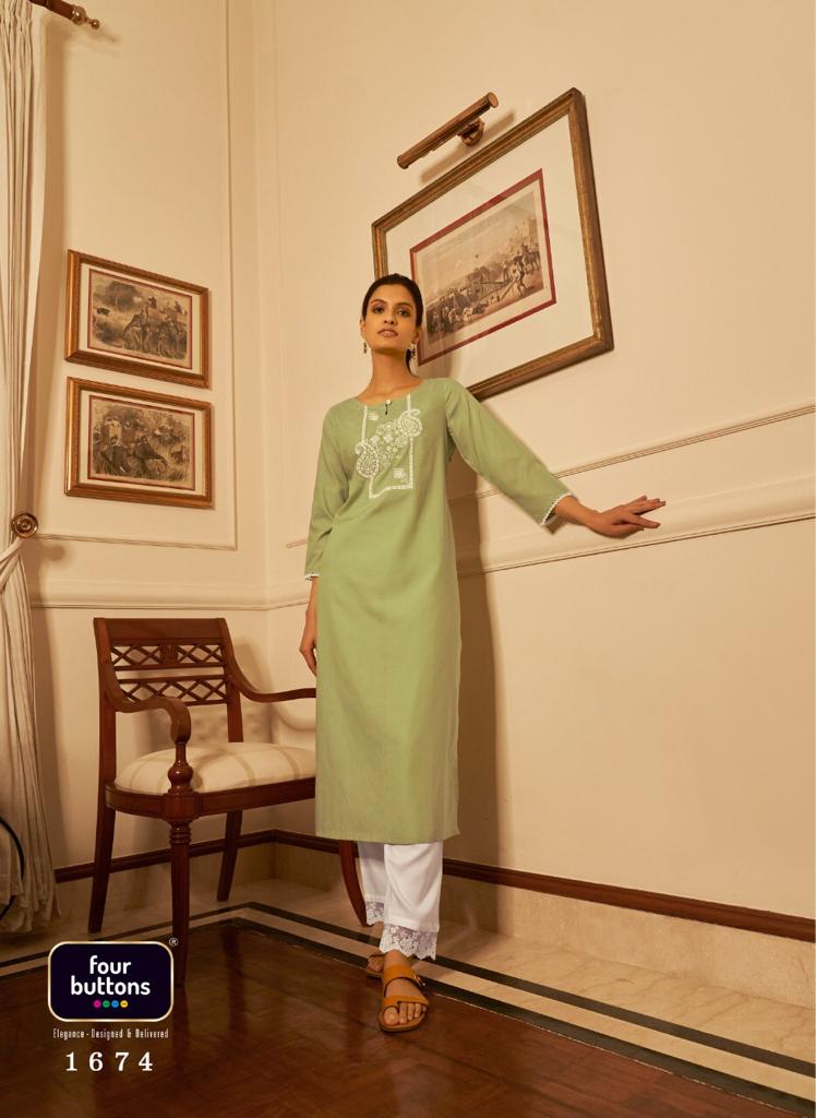 Four Buttons Vibrant Vol 2 Cotton Casual Look Kurtis With Bottom & Lakhnavi Embroidery