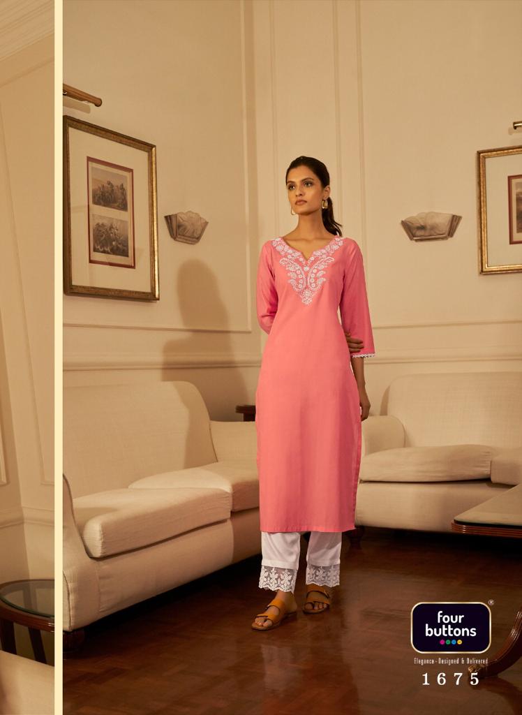 Four Buttons Vibrant Vol 2 Cotton Casual Look Kurtis With Bottom & Lakhnavi Embroidery