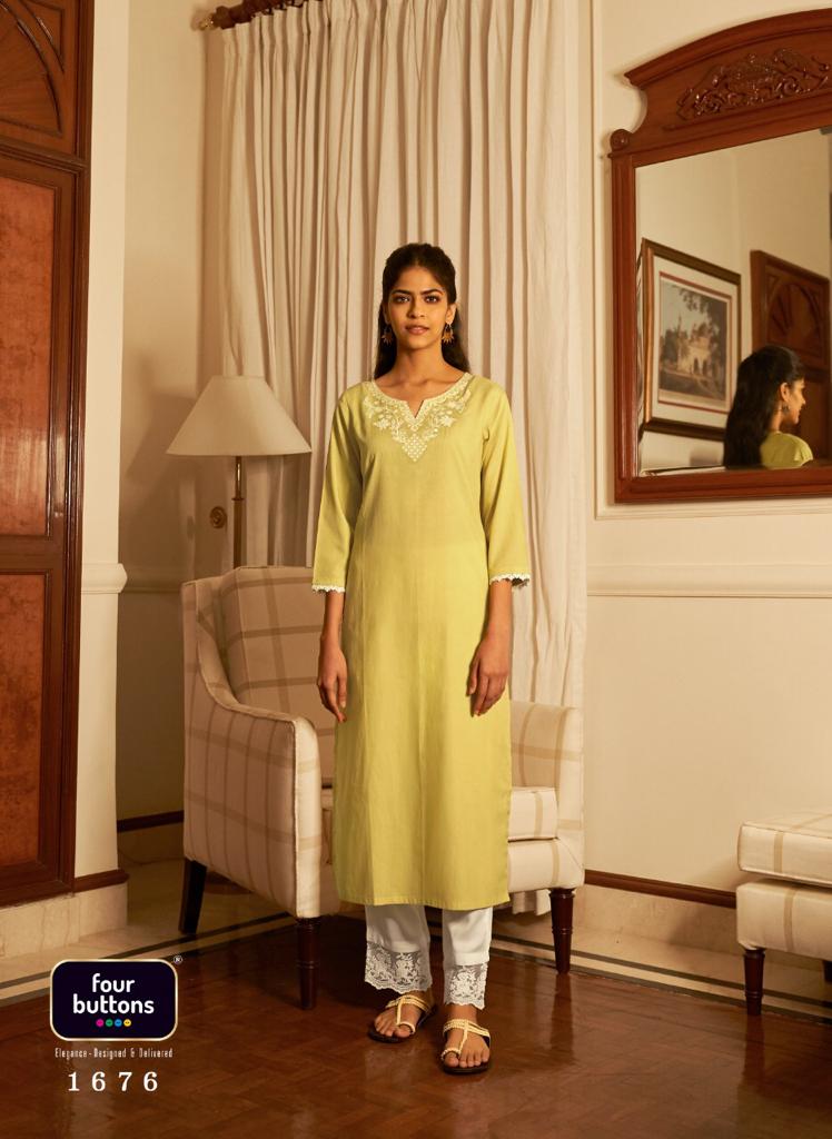 Four Buttons Vibrant Vol 2 Cotton Casual Look Kurtis With Bottom & Lakhnavi Embroidery