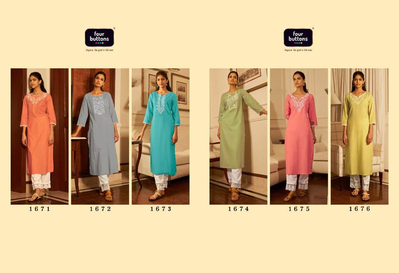 Four Buttons Vibrant Vol 2 Cotton Casual Look Kurtis With Bottom & Lakhnavi Embroidery