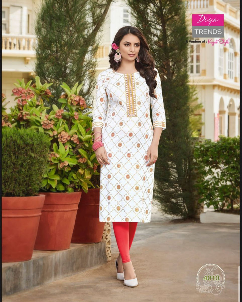 Diya Trends Victoria Vol 4 Rayon Foil Printed Party Wear Kurtis With Fancy Embroidery Work