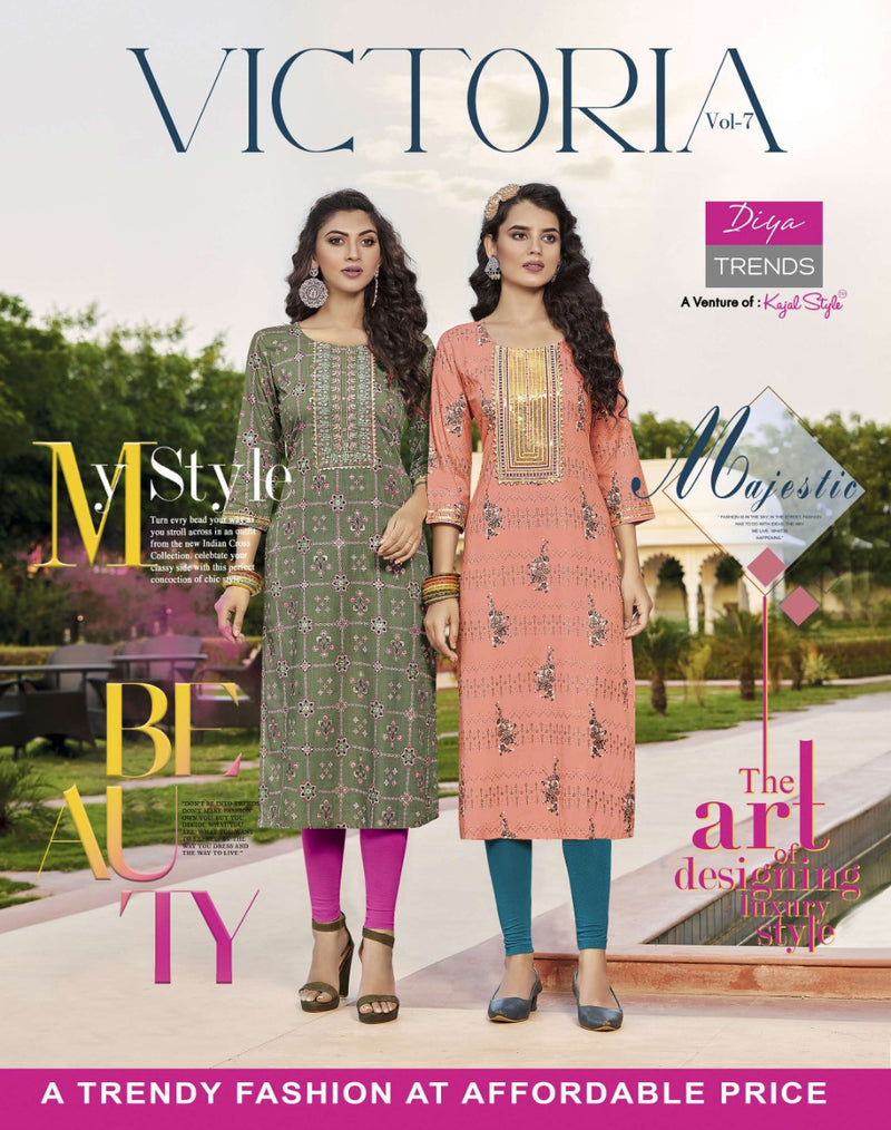 Diya Trends Victoria Vol 7 Rayon With Heavy Printed Work Stylish Designer Casual Look Fancy Kurti