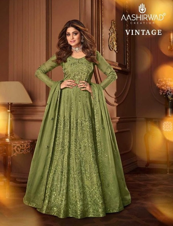 Aashirwad Creation Vintage Georgette Designer Heavy Embroidered Anarkali Style Wedding Wear Salwar Suits