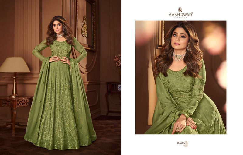 Aashirwad Creation Vintage Georgette Designer Heavy Embroidered Anarkali Style Wedding Wear Salwar Suits