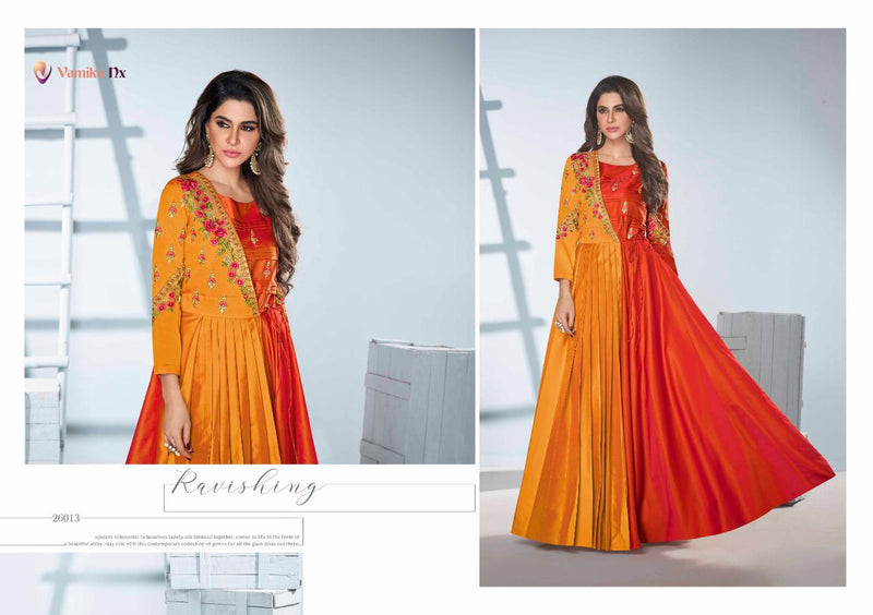 Vamika Fashion Launch Saanvi Vol 2 Soft Tapeta Silk With Heavy Embroidery Work Long Gown type Kurtis