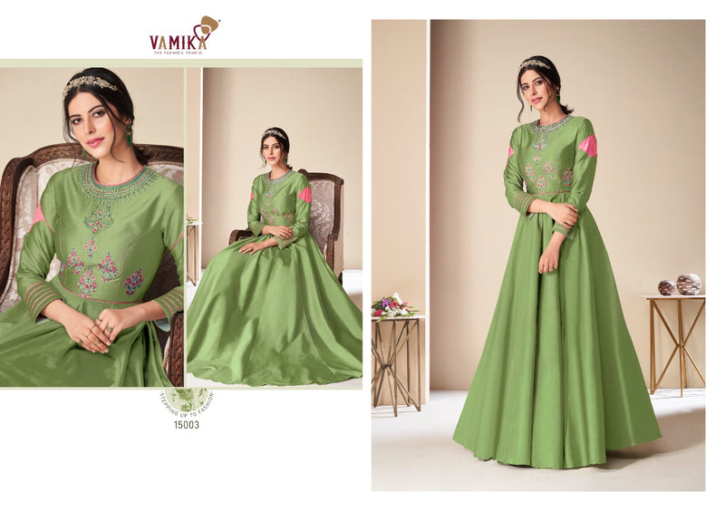 Vamika Fashion Launching By Rang Mahal Tapeta Silk With Fancy Neck Work Exclusive Designer Long Gown Type Kurtis