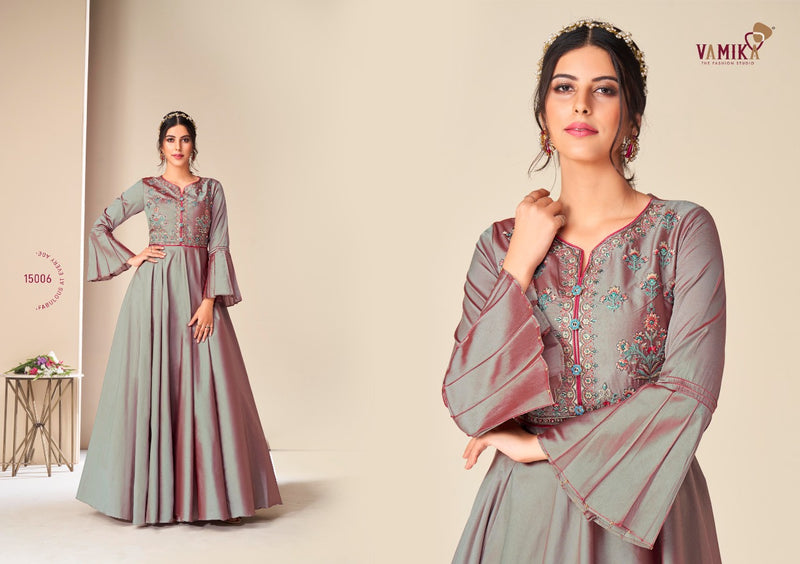 Vamika Fashion Launching By Rang Mahal Tapeta Silk With Fancy Neck Work Exclusive Designer Long Gown Type Kurtis