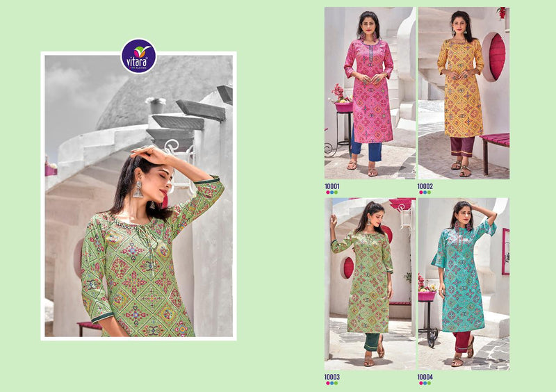 Vitara Fashion Launch By Bandhej Rayon Print Heavy Printed Long Straight Casual Wear Kurti With Pant