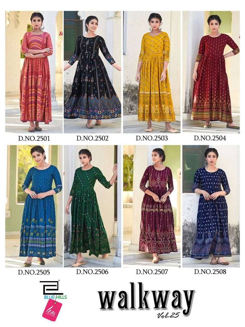 Blue Hills Walkway Vol 25  Rayon Long Fancy Party Wear Gown Style Kurtis With Foil Print
