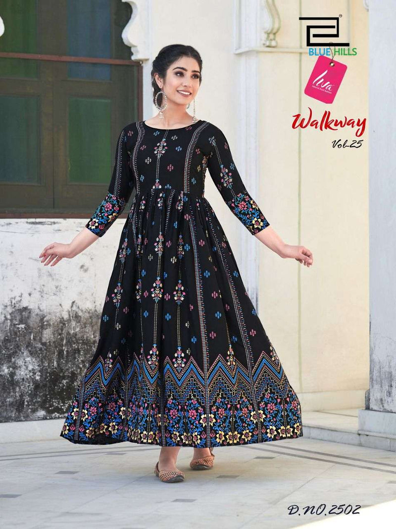 Blue Hills Walkway Vol 25  Rayon Long Fancy Party Wear Gown Style Kurtis With Foil Print