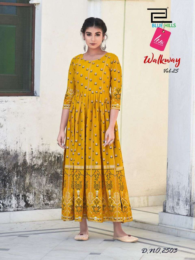 Blue Hills Walkway Vol 25  Rayon Long Fancy Party Wear Gown Style Kurtis With Foil Print