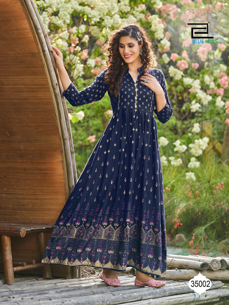 Blue Hills Walkway Vol 35 Rayon Gown Style Party Wear Kurtis With Foil Print