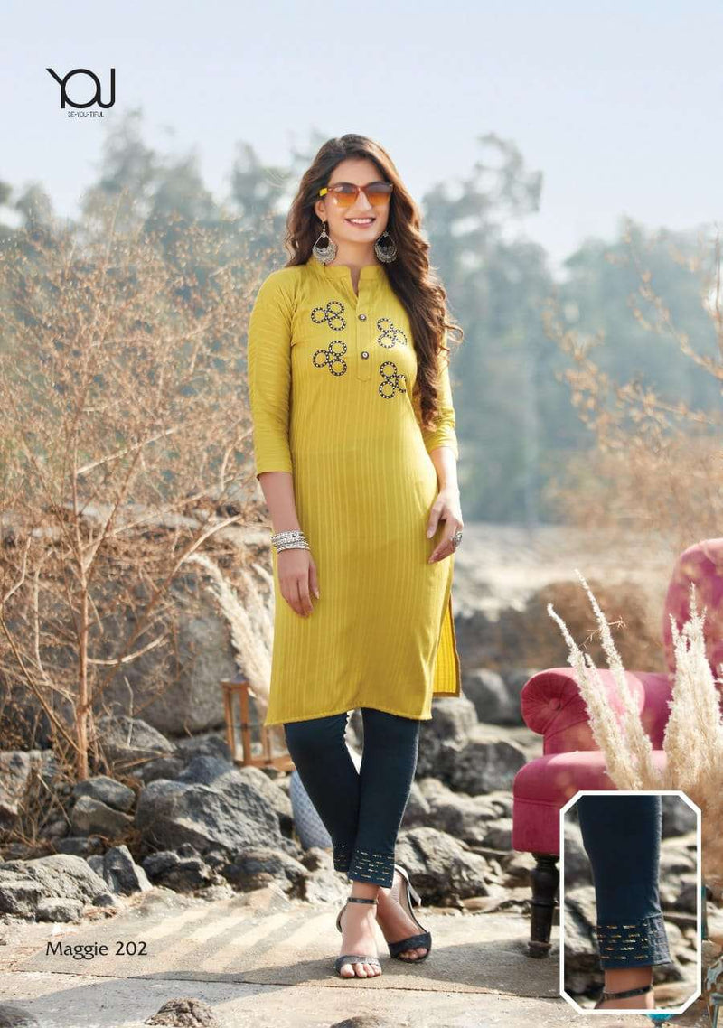 Wanna Maggie Vol 2 Rayon Stylish Fancy Party Wear Kurtis With Bottom & Banarasi Dupatta